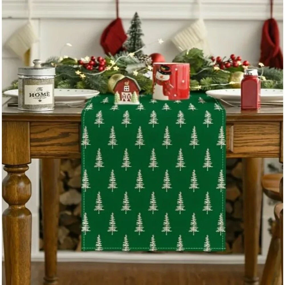 Christmas Table Runner 13x72in Green Linen Trees